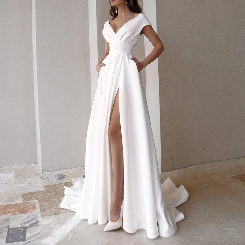 

Elegant White Deep V Neck Women Wedding Dresses Sexy Hollow Out Sleeveless Party Dress Luxury Floor Length Female Brides Dresses