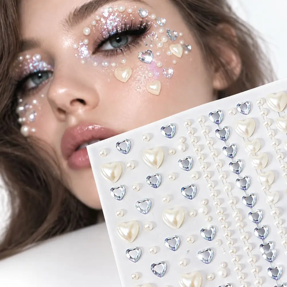 1Pc Rhinestone Face Stickers Heart Pearl Self-Adhesive Crystal AB Face Gems Jewels for Festival Party Makeup Eye Body Decoration