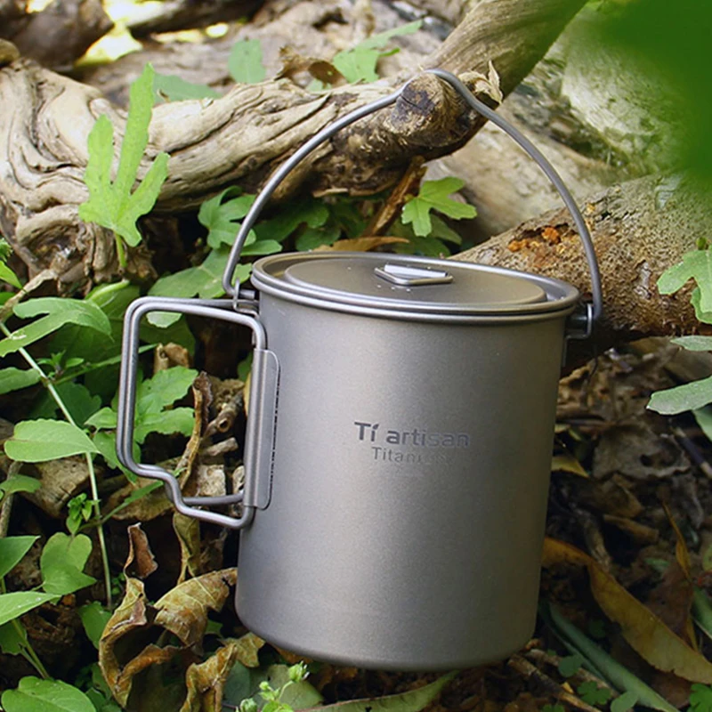 750ml Mug Titanium Water Cup Folding Handle Lightweight Outdoor Picnic Tableware Hanging Pot Compact Durable Camping Pot Kettle