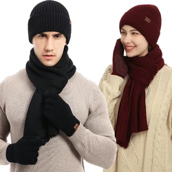 Conjunto de gorro de forro de lã masculino, luvas telefingers, cachecol grosso, silenciador de malha, chapéu unissex, lenço monocromático, manter aquecido, inverno