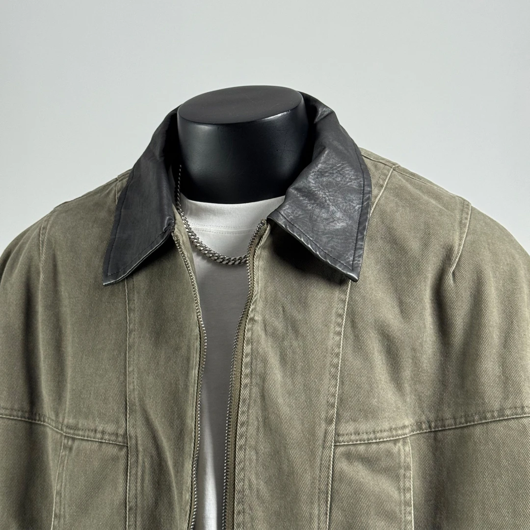 Men's Japanese Vintage Cotton Workwear Jacket with Contrast Collar Washed Distressed Oversized Casual Streetwear Spring Coat