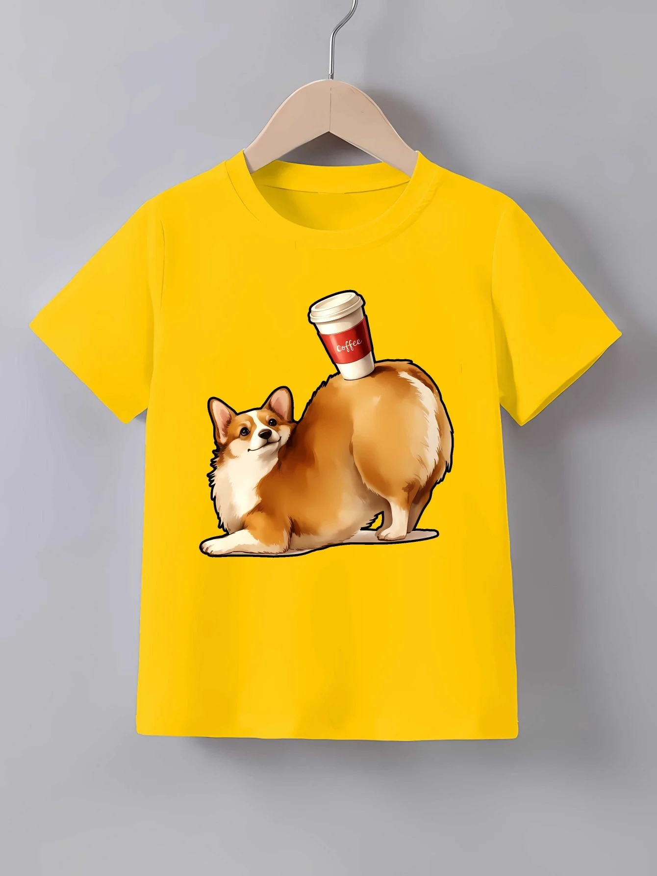 Funny Corgi Holding Coffee Graphic T Shirt Family Matching Boys Girls Kids Short Sleeve Cartoon Puppy Children Daily Tops