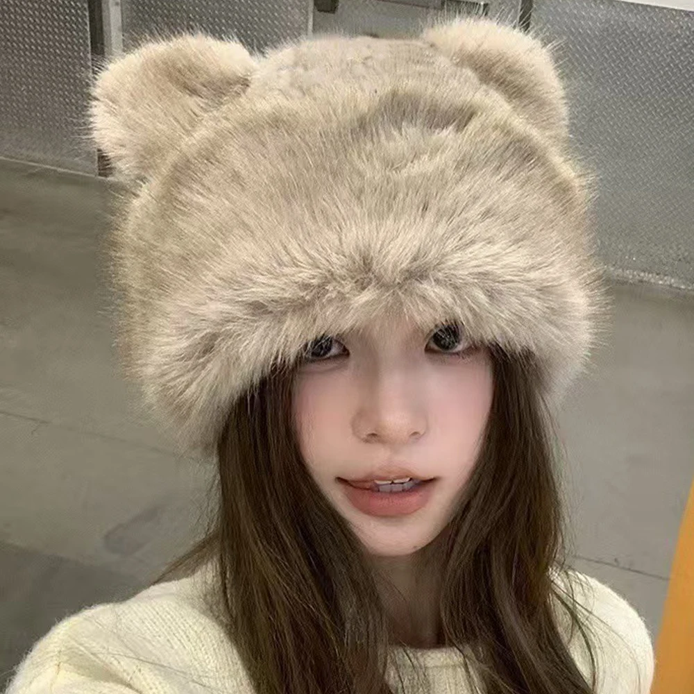 Nette Frauen Einfarbig Plüsch Hüte Warme Herbst Winter Koreanische Kleine Bär Ohren Nette Mongolischen Kappe Winddicht Ohr Schutz Bonnets