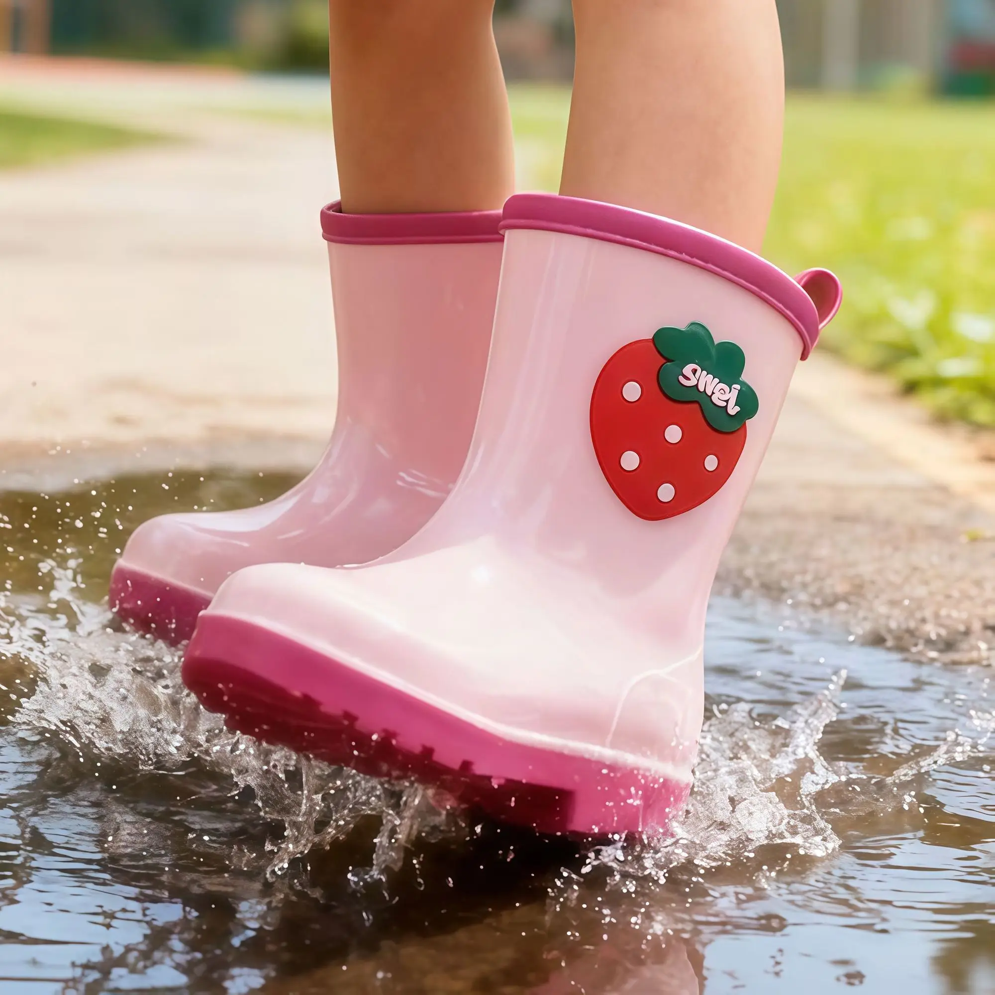 Kids Waterproof Rain Boots Girls Cute Strawberry Design Outdoor Slip Resistant Boots for Preschool School Child Footwear