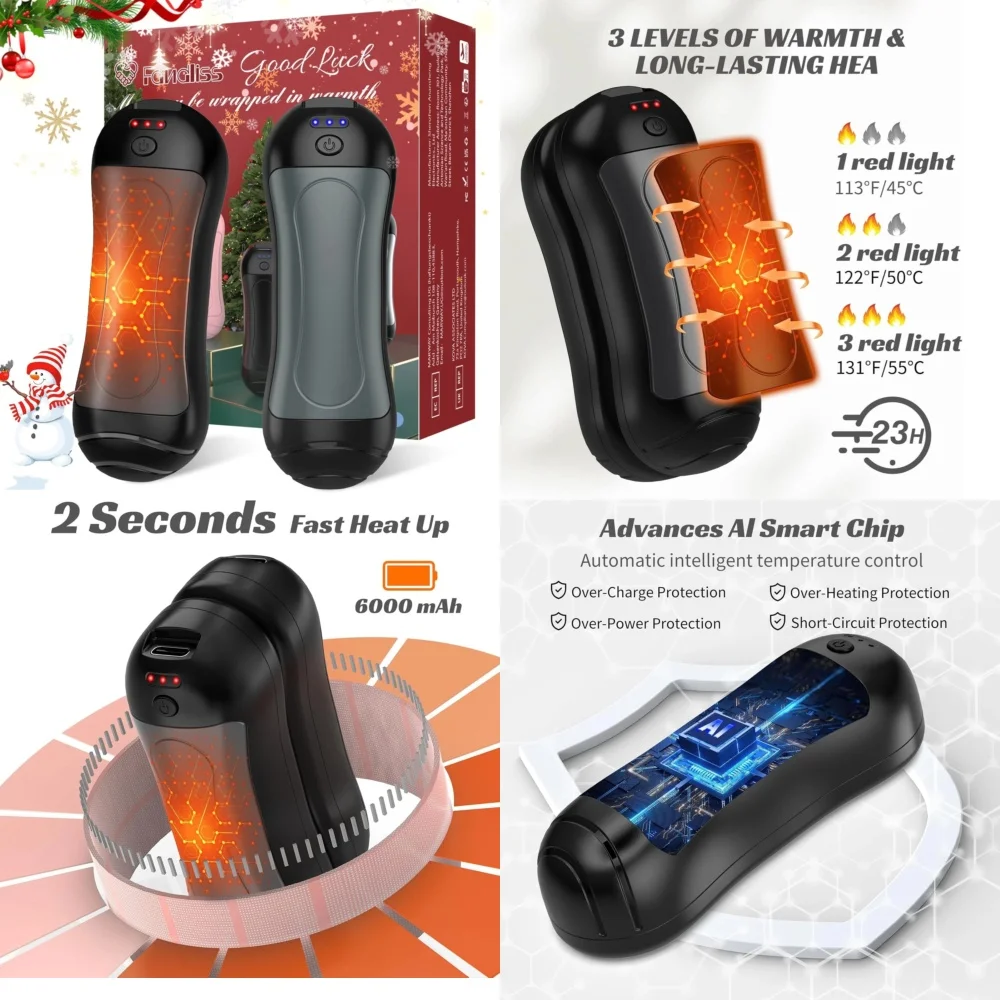 

2 упаковки перезаряжаемых грелок для рук, 6000 мАч, портативный карманный обогреватель с быстрым нагревом для уличных зимних путешествий, кемпинга, пешего туризма