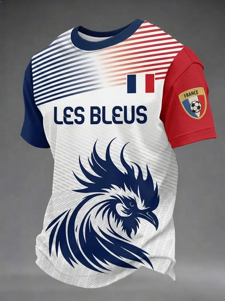 Men Les Bleus Soccer T-Shirt Large Blue Rooster Graphic French Flag Stripe Color Block Football Fan Short Sleeve Tee view 5