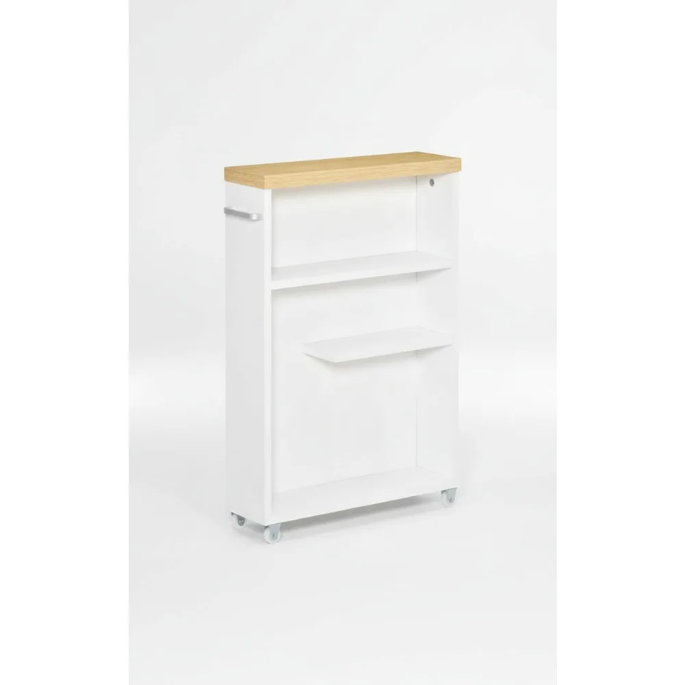 

Slim Bathroom Storage Cabinet with Wheels, Wood Shelves Organizer for Small Spaces, White