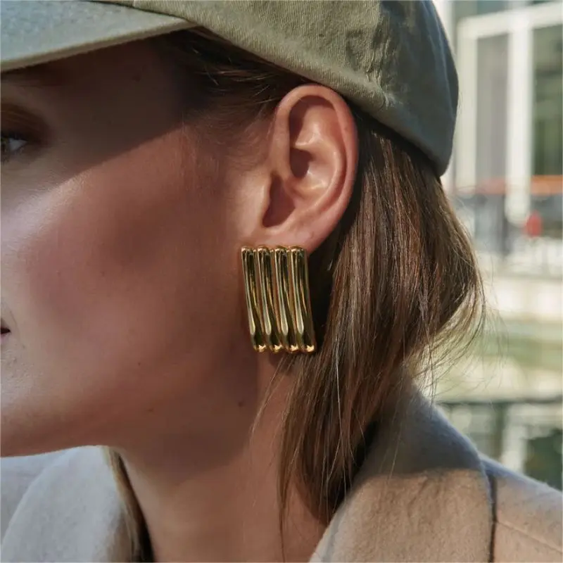 Vintage Waterproof Gold Silver Color Square Textured Stainless Steel Stud Earrings Metal Fashion Trendy Jewelry Bijoux for Women