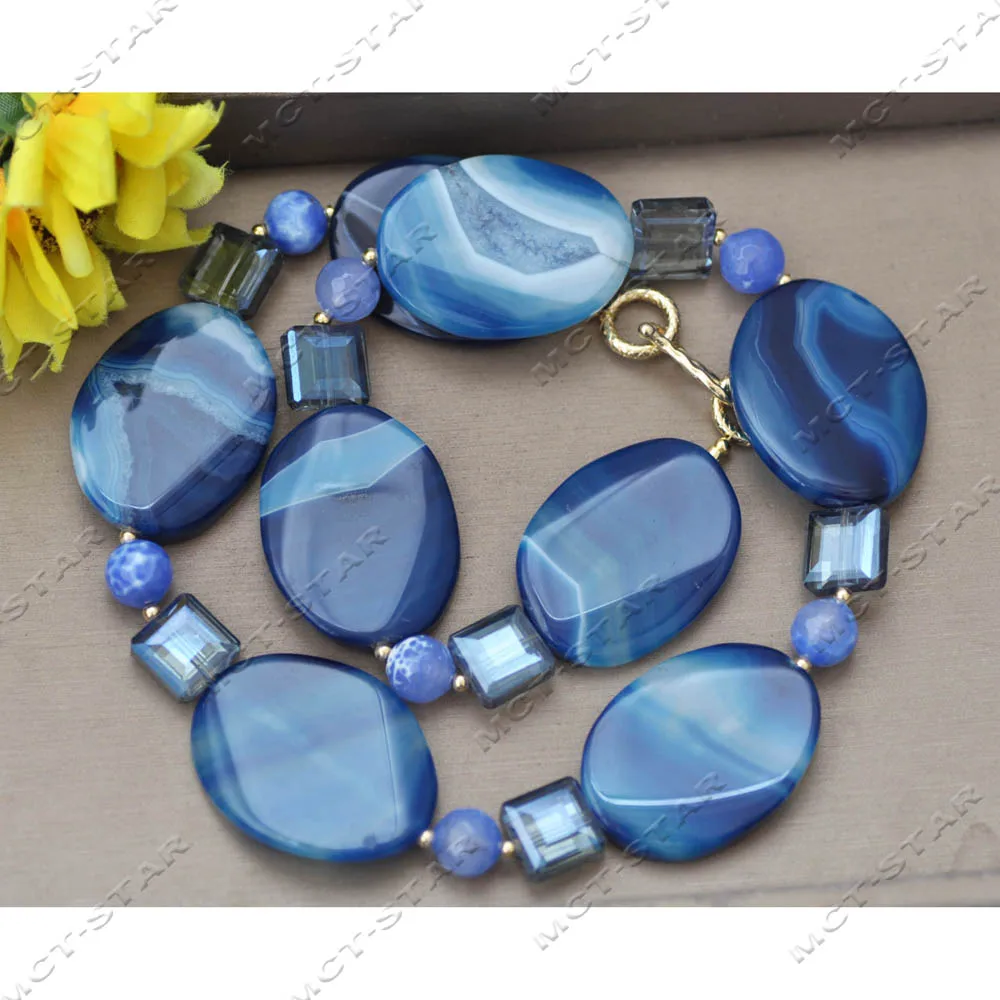 

MTC·STAR 22" 40mm Blue Ellipse Coin Agate Faceted Crystal Ancient Glass Necklace Custom Jewelry （Z13902 ）