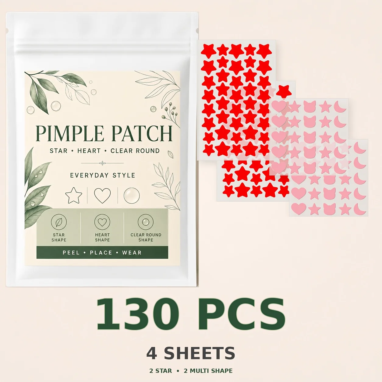 130PCS Colorful Star Heart Acne Patches, Cute Pimple Stickers, Decorative Face Patches, Party Makeup Accessories for Daily Wear