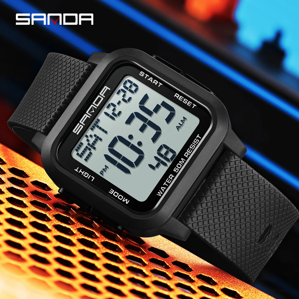 SANDA 2194 Waterproof Casual LED Digital Watch Mens Multifunctional Timing Electronic Clock Calendar Alarm Military Square Watch