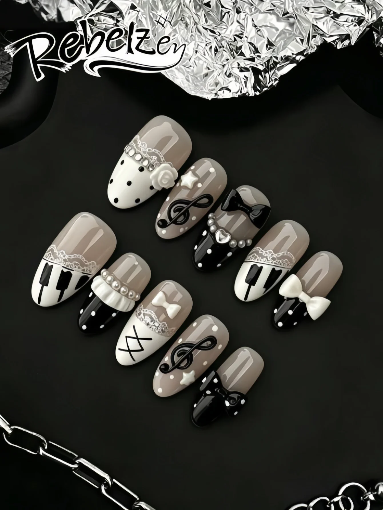 10-Piece Set of Black and White Piano Note Design, 3D Bow Lace Pearl False Nails, Medium Almond-Shaped Nail Tips