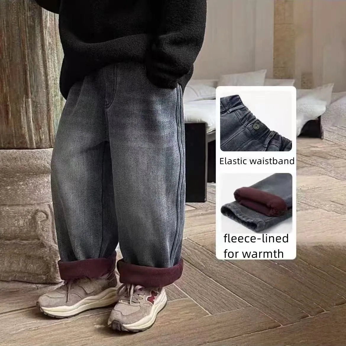 

Kids Autumn and Winter Boys' Jeans Fashionable Retro distressed Kids Trousers Children's Plush Thick Pants 110-160cm