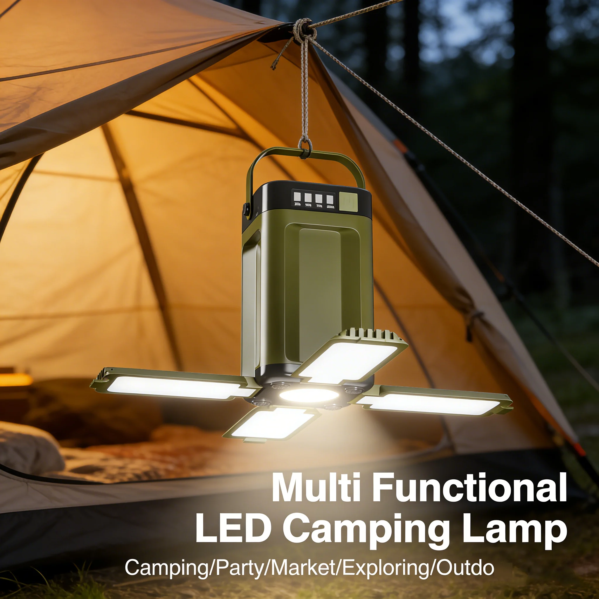 Folding Solar Camping Lantern USB-C Rechargeable Portable Outdoor Light with Strong Flashlight Emergency Lamp for Hiking Fishing