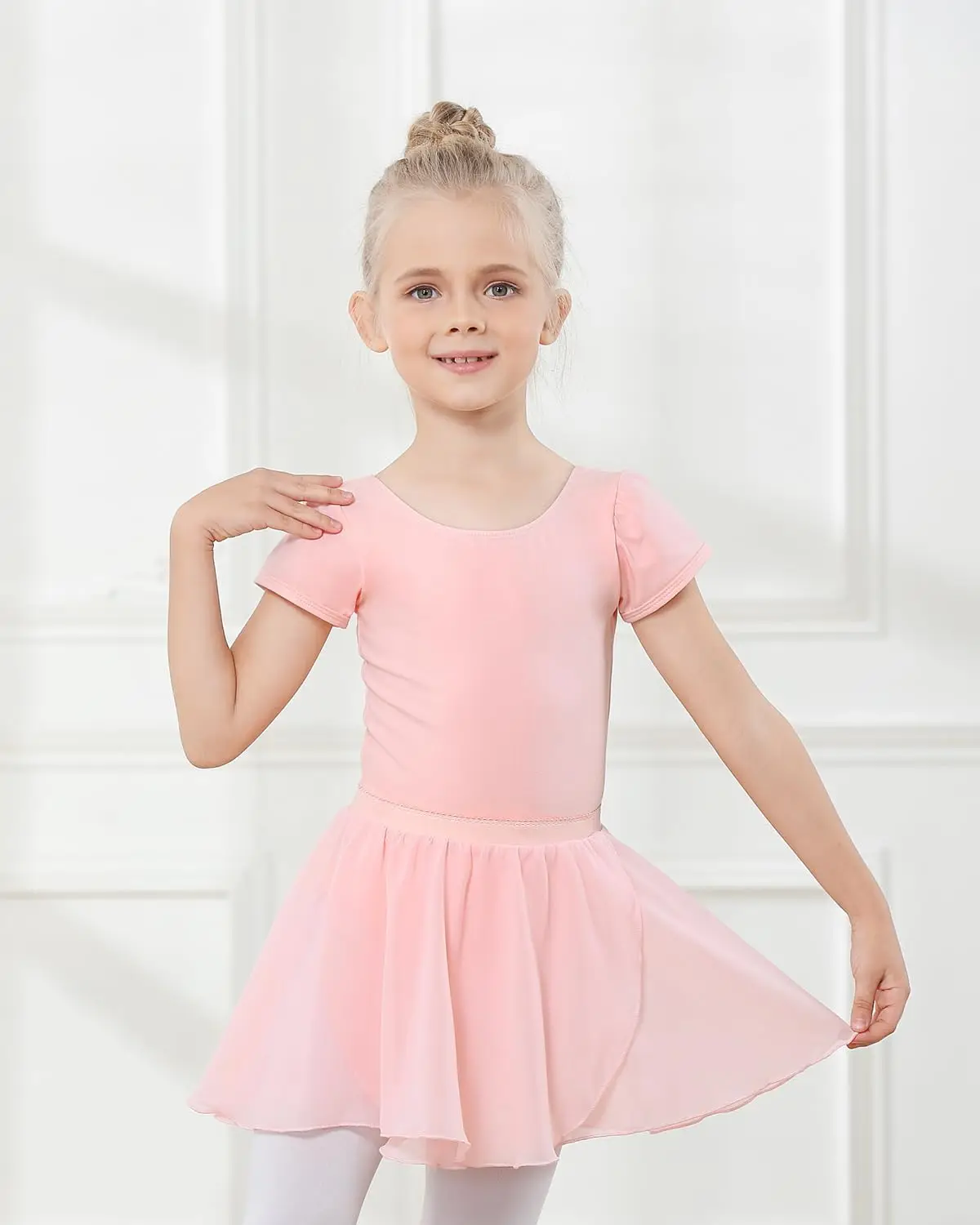 Gogokids 3PCS Ballet Outfits for Girls Short Sleeve Dance Leotards with Removable Shiny Skirt Combo