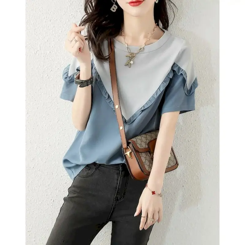 Summer T Shirts for Women Fashion Design Sense Round Neck Tshirts Korean Short-sleeved Contrast Color Casual Stitching T-shirt