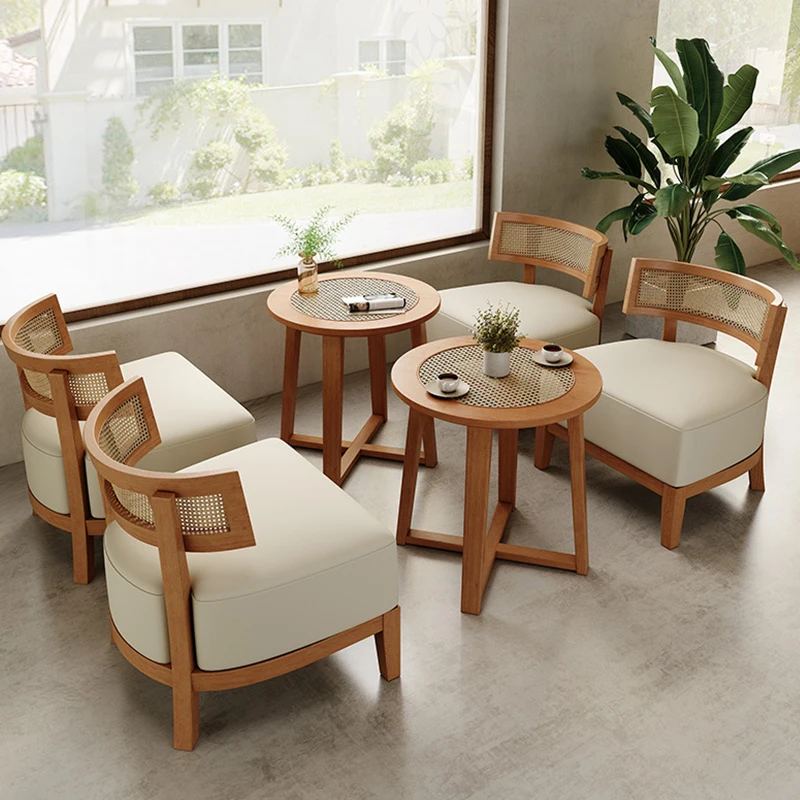 

Cafe Booth Dining Book Bar Casual Sofa Chair Restaurant Furniture Leisure Nordic Rattan Wooden Sofa Chair Solid Wood Table