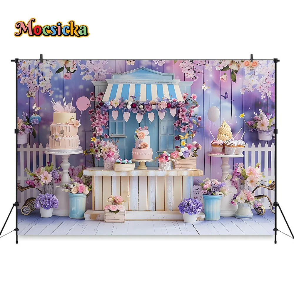 Tło fotograficzne dla dziewczynki urodziny wesele fioletowy marzycielski deser tło stołu motyl drewno Photozone rekwizyt studyjny