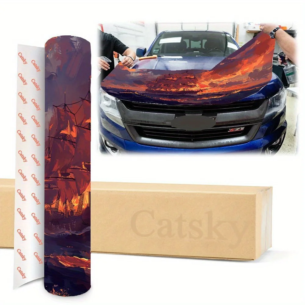 ملصق غطاء محرك السيارة على شكل قارب إبحار عند غروب الشمس - ملصق لف من الفينيل المتين مع معظم المركبات، مادة فينيل خارجية عالية الجودة