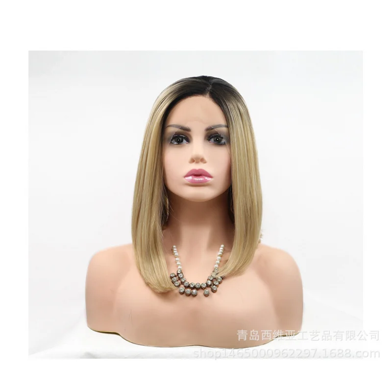 Gradient golden bobo cut collarbone-length , hand-crocheted front lace synthetic fiber wig