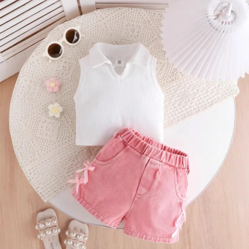 

2026New Summer Girls' Outfit: Stand Collar Sleeveless Top+Washed denim shorts two-piece set