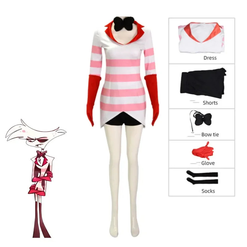 

Angel Dust Cosplay Fantasy Anime Cartoon Hotel Disguise Costume Gloves Bow Tie Pink Dress Outfit Women Halloween Role Play Cos