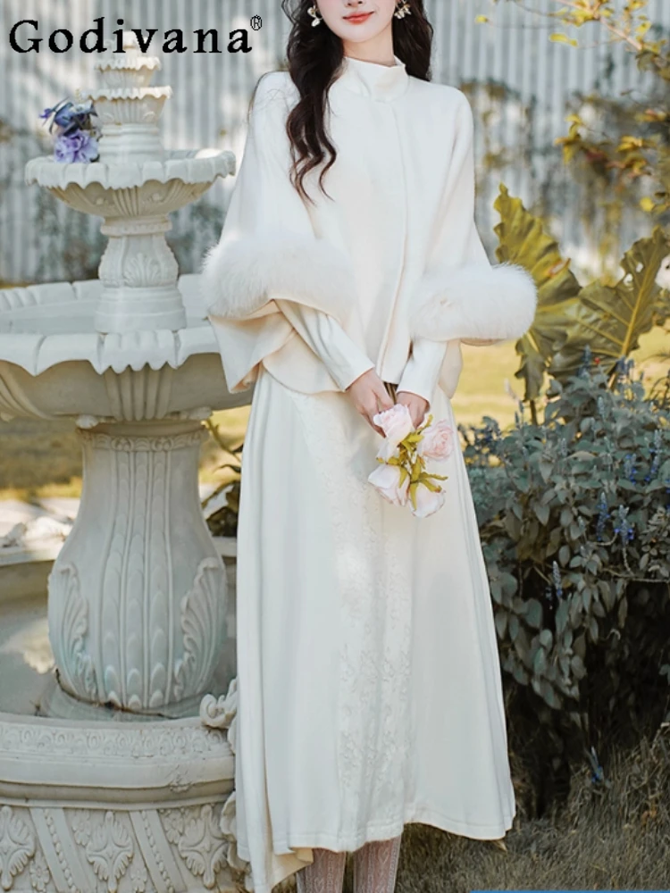 

Элегантный новый китайский белый свободный универсальный шерстяной плюшевый плащ в стиле Лолиты, модная водолазка для девочек, платье трапециевидной формы с длинными рукавами и высокой талией