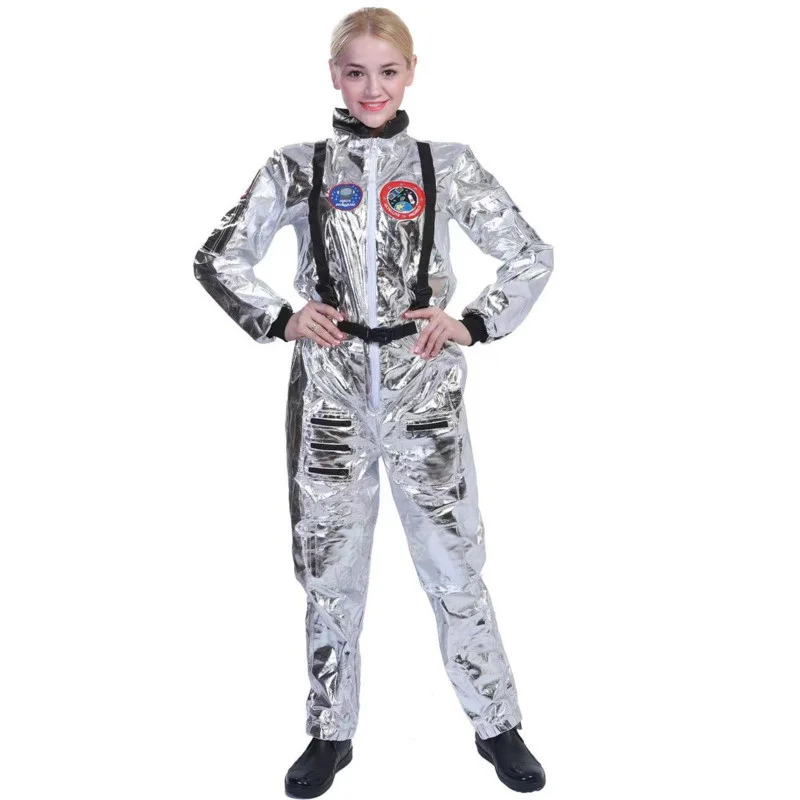 Fato de astronauta prateado para mulher, traje espacial, traje espacial, vestido de festa, adulto e infantil