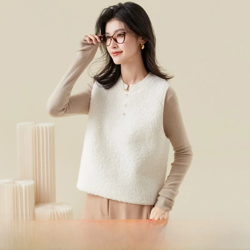 

Женский вязаный жилет из чистой шерсти с круглым вырезом, универсальный, прямого кроя