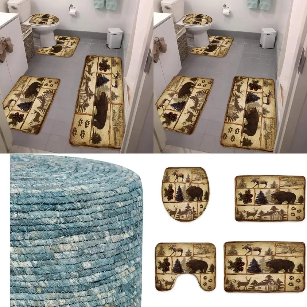 

Bathroom Rug Set with Rustic Cabin Theme, Featuring Vintage Bear, Moose, and Forest Design, Suitable for Country Lodge and Vinta