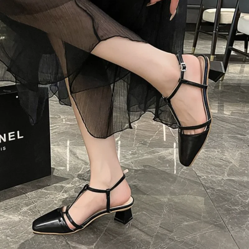 New Elegant Slingback Sandals Women Summer Shoes Silver Black Beige Medium Heels Pumps Close Toe Office Party Shoe Female