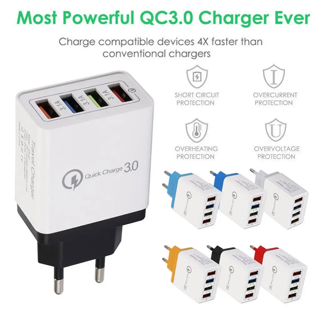 4 USB Ports EU/US Plug  QC3.0 Fast Charging Travel Wall Charger Power Adapter Mobile Phone Accessories