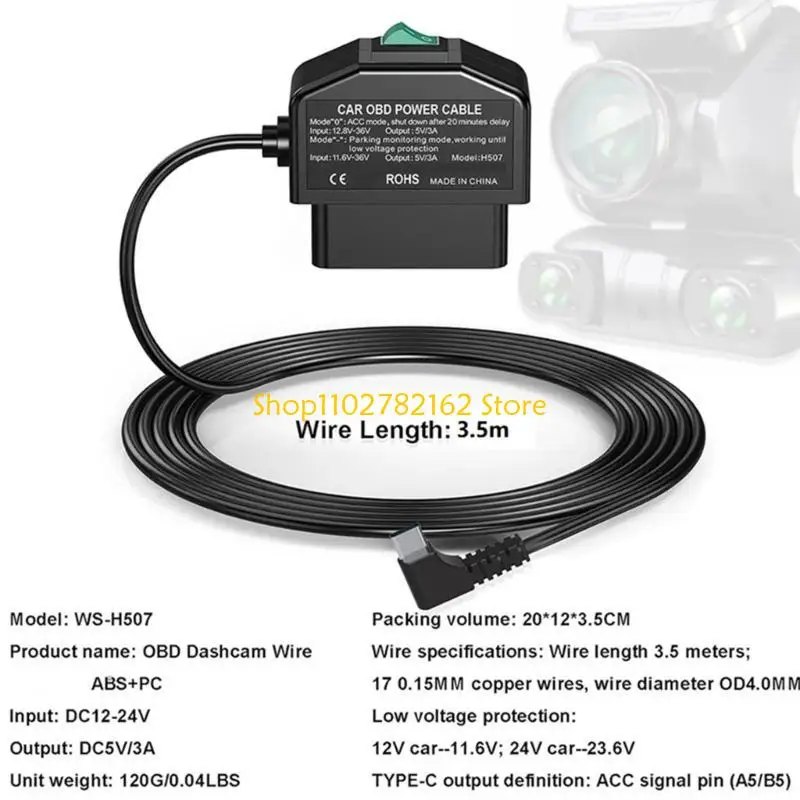 Cable alimentación para cámara tablero OBD eficiencia 547B con conversión 12 V a 24 V y características