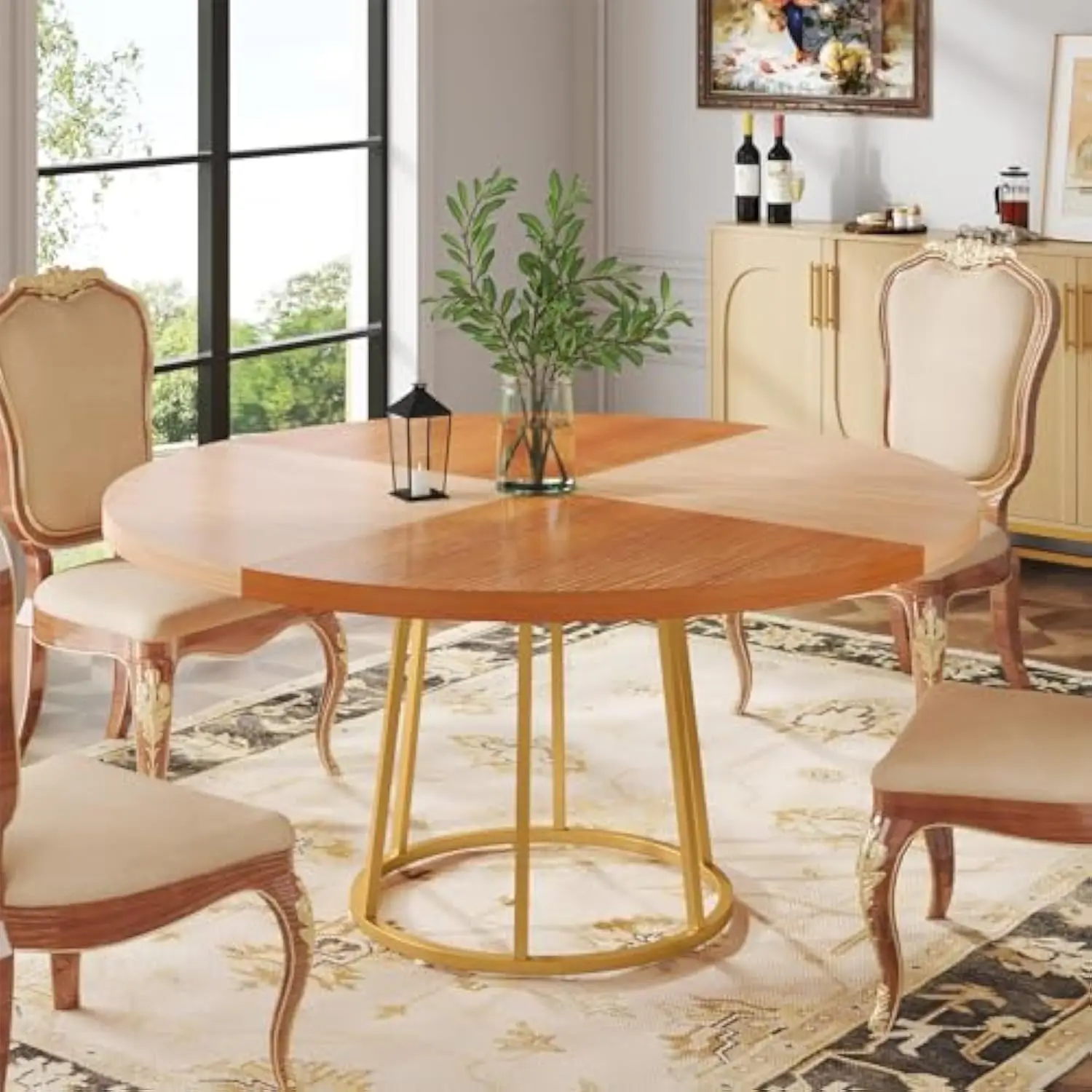 

Round Dining Table, 47 英寸, Golden Metal Base, Wood Grain Top for Home, Kitchen, Dining Room, Living Room, Gold Maple