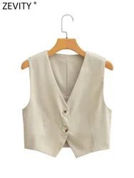 Zevity Women Fashion V Neck Buttons Short Linen Vest Jacket Office Lady Simply Sleeveless Business WaistCoat Chic Tops CT4715