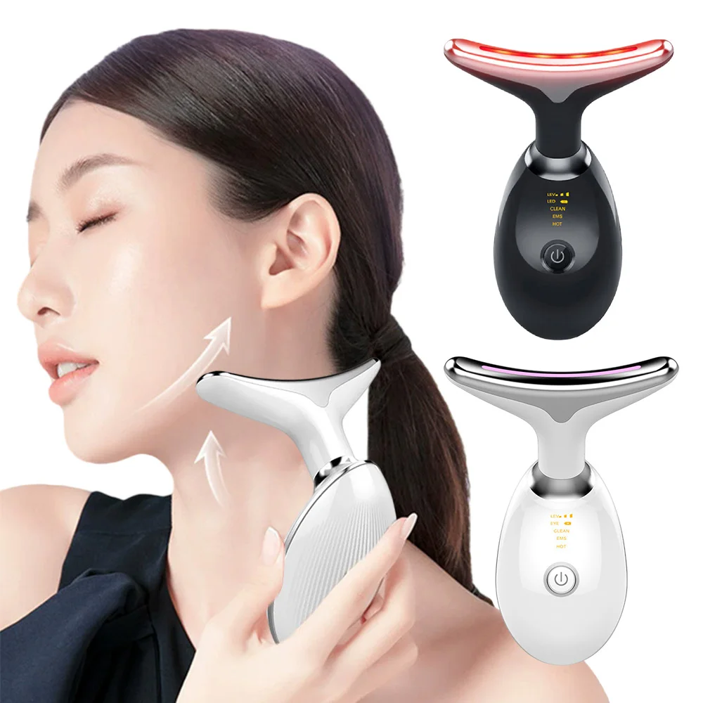 Neck Face Lifting Massager EMS Heat Skin Tighten Device Color Light LED Photon Therapy Skin Wrinkle Remover Home Use Beauty Tool