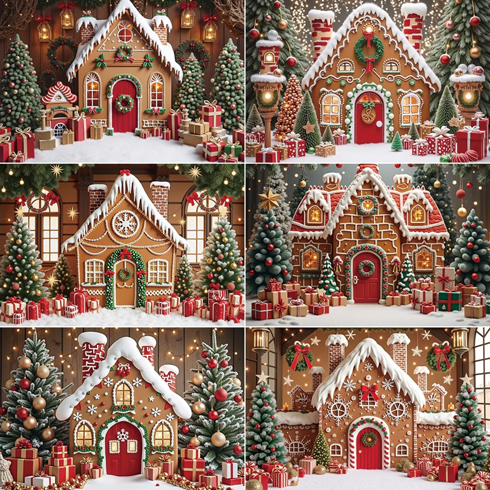 

MOON.QG Merry Christmas Background Photography Baubles Gingerbread House Xmas Trees Photocall Backdrop Baby Studio Accessories