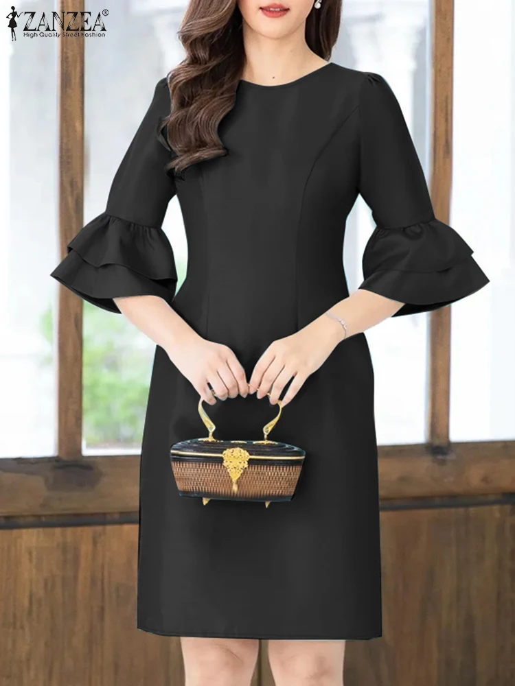 Kobiety Elegancka sukienka robocza z krótkim rękawem OL ZANZEA Letnie sukienki satynowe 2025 Stylowa sukienka imprezowa midi do kolan Vestidos