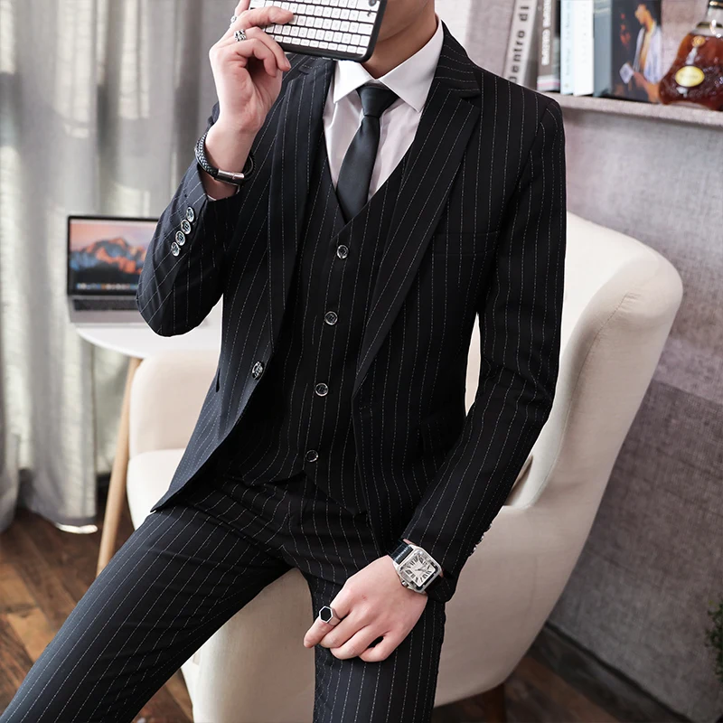 

Casual Tee-Piece Suit for Men Wedding om Sli Korean Version Slim Fit Briti Sle Polyester Fiber Formal Wear