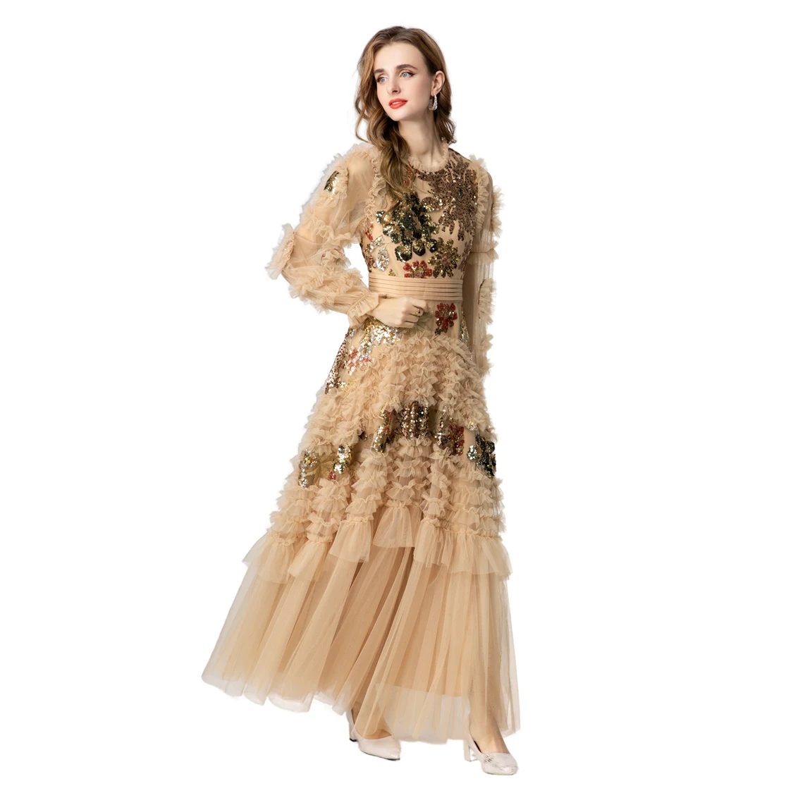 Vestido maxi feminino luxuoso de lantejoulas champanhe - embelezado com saia de tule em várias camadas, vestido de baile com mangas compridas bufantes S-4XL