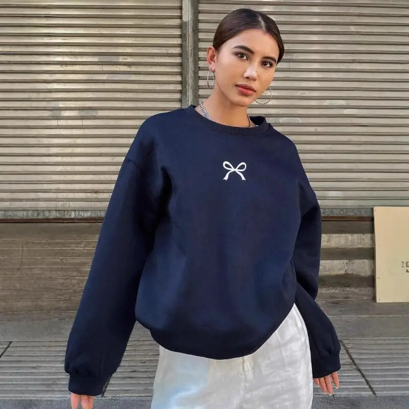 

Повседневные женские толстовки с кавайным бантом и графическим принтом, пуловер с капюшоном, женская повседневная толстовка из мягкого хлопка, уличная одежда, модные топы