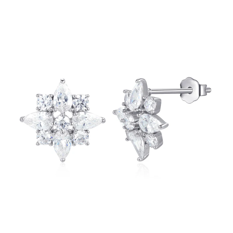 TKJ Snowflake Stud Earring 925 Sterling Silver Zircon Pierced Ear Studs Elegant Wedding Jewelry for Women Fashion Christmas Gift