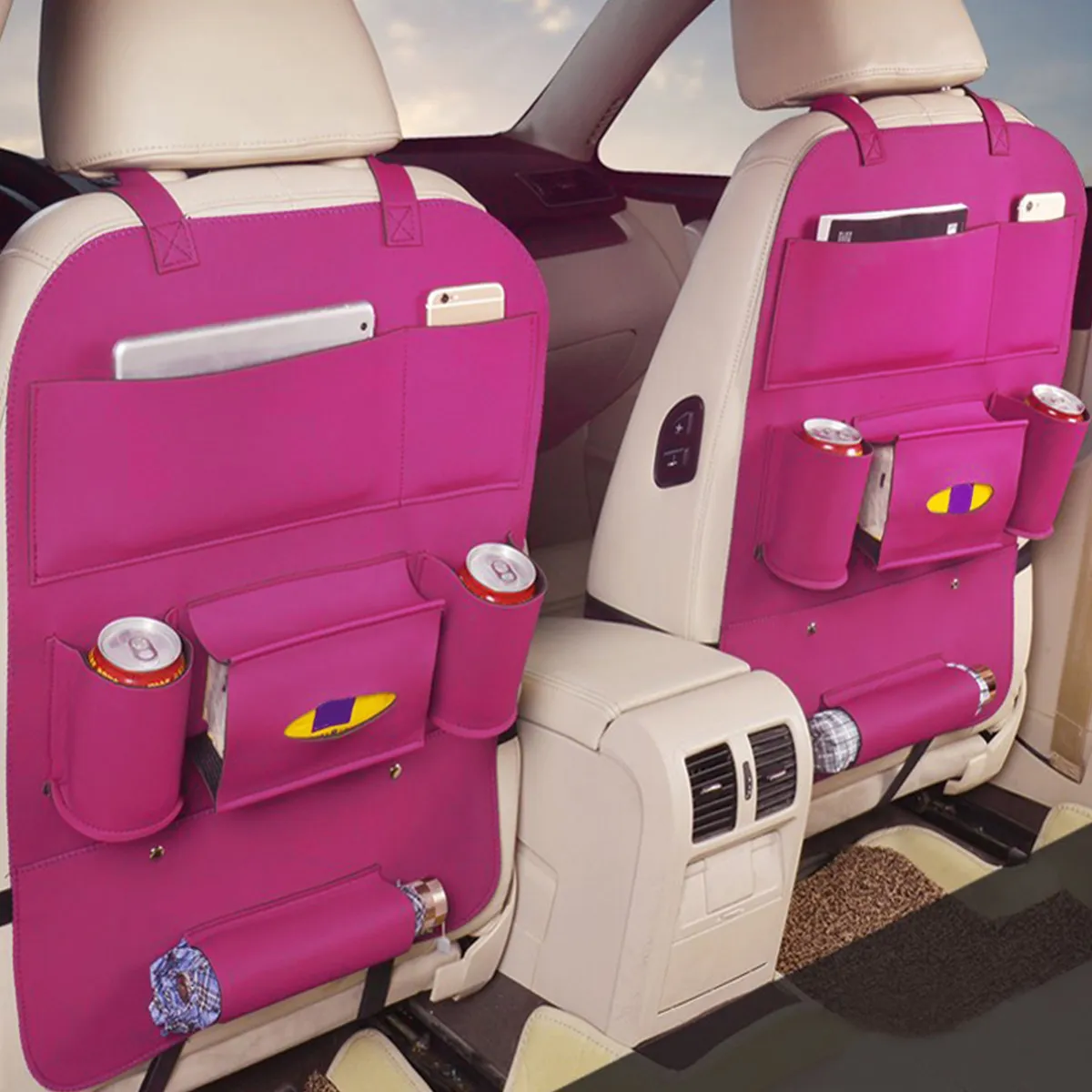 Car Backseat Storage Organizer Bag Rose Red Felt Large Capacity Multi-Pocket Holder for Magazines Cds Tissue Drinks Car Storage