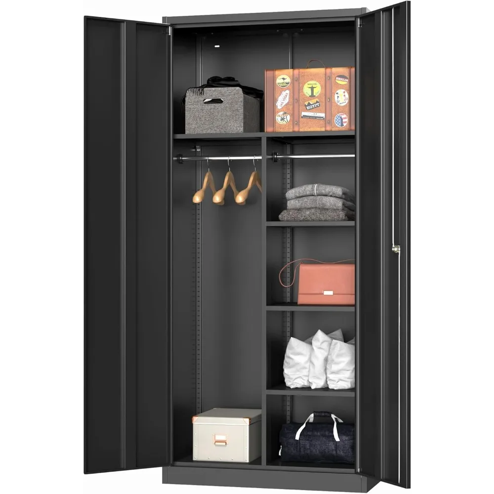 

Metal Wardrobe Cabinet, 71" Lockable Wardrobe Cabinet with Adjustable Shelves and 2 Hanging Rods, Metal Armoire Closet with Loc