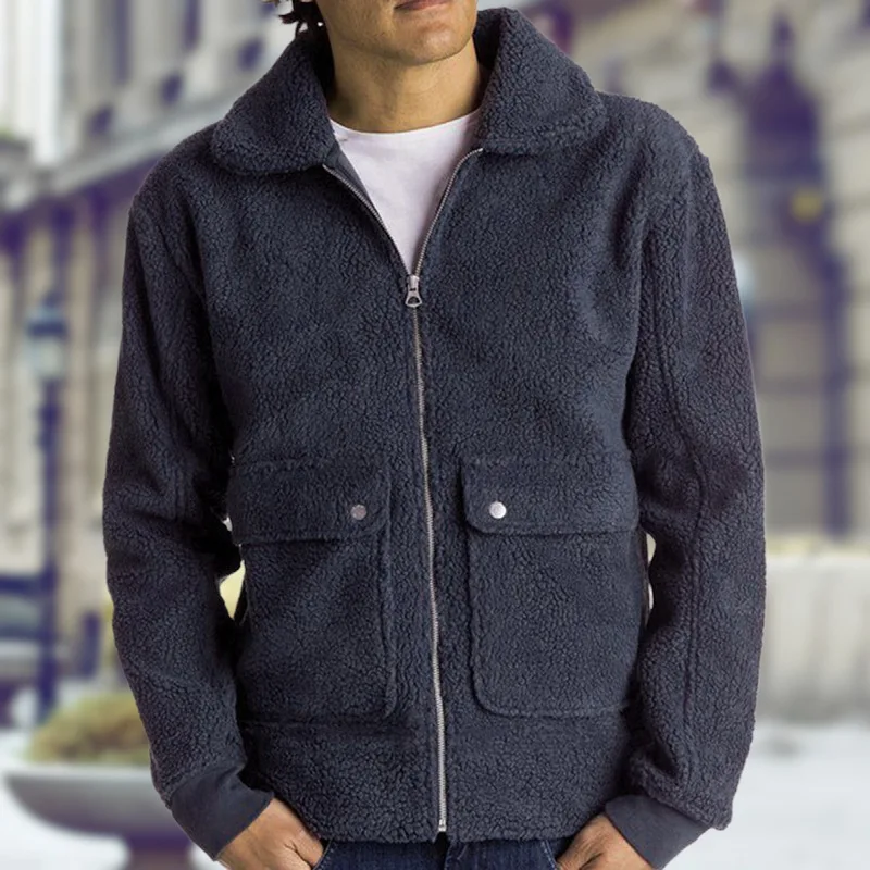 Europe and The United States Style Men's New Double Pocket Lamb Hair Zipper Fashion Jacket American Simple Outdoor Plush Coat