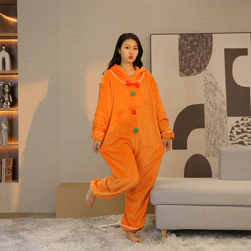Flannel Pajamas For Women Polyester Thick Warm Flannel Onesie Pajamas Gingerbread Man Cartoon Jumpsuit Loose Hooded