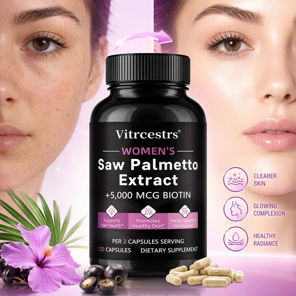 Women's Saw Palmetto & Biotin Capsules, Female Hormone Balance Supplement, Healthy Hair & Skin Care, Daily Body Wellness Support