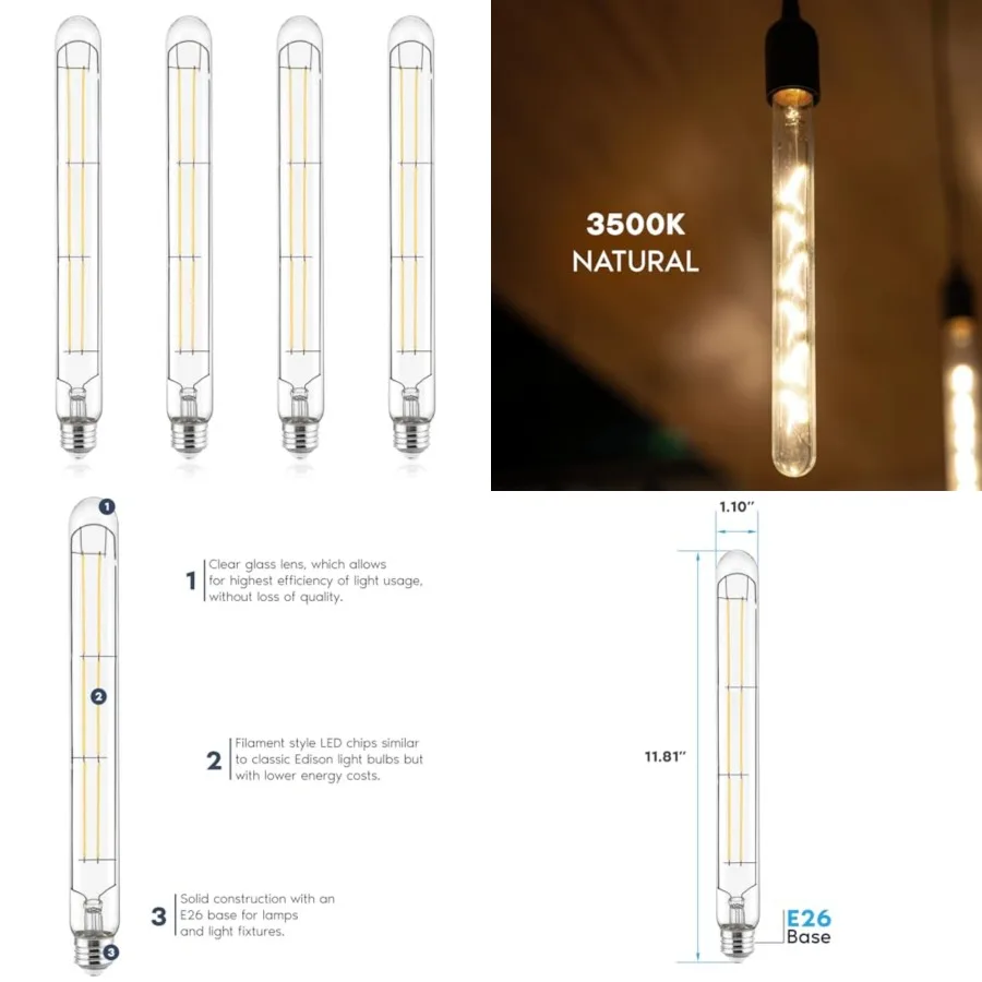 

Vintage T9 Long LED Tube Light Bulbs 60W Equivalent, 800 Lumens, Dimmable, Edison Tubular Light Bulbs 7W, LED Filament Bulb, UL