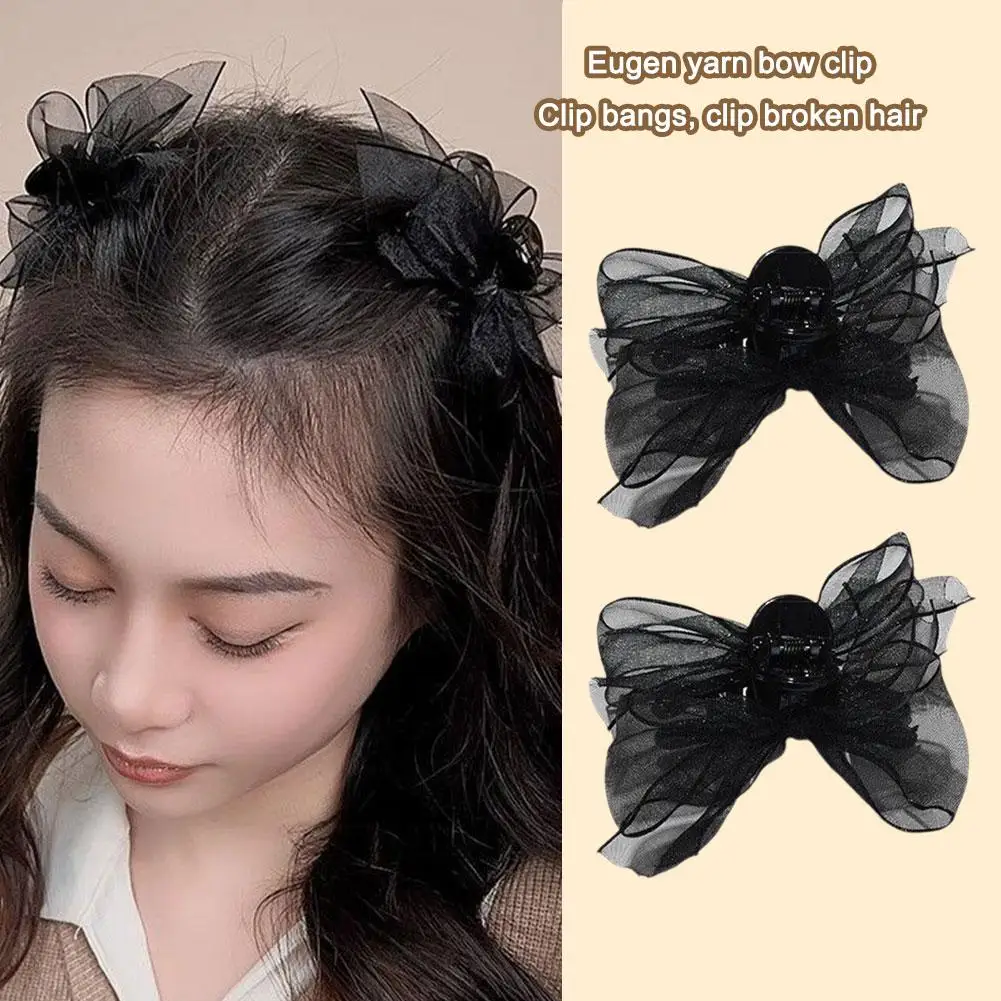 2Pcs Butterfly Hairpin Eight-character Bangs Clip Net Black High-grade Mesh Headdress Head Claw Hairpin Red Clip Princess M5L2