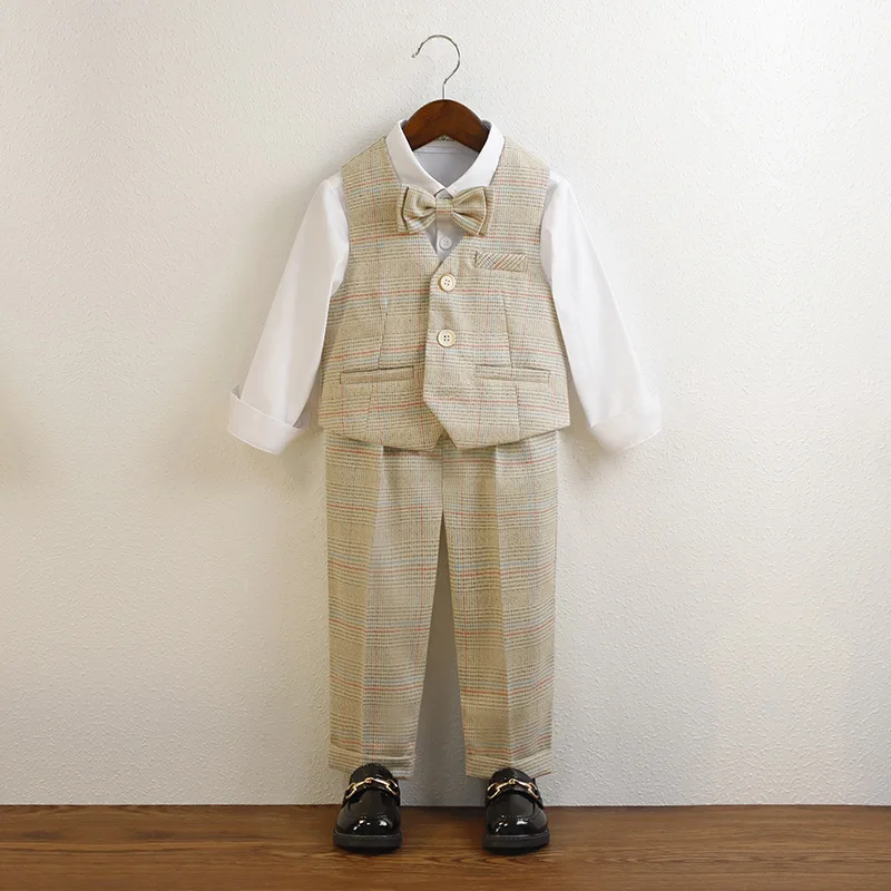 Children Boys Formal Suits Set New Checkered Double Breasted British Style Small Suit For Kids Boys Wedding Banquet Elegant Suit